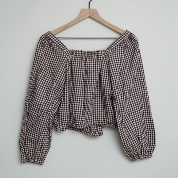 Puff-Sleeve Button-Front Crop Top in Plaid - Picture 3 of 4